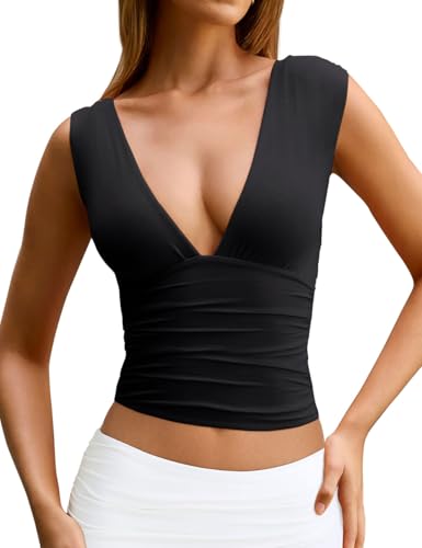 YFANG Women's Sexy Deep V-Neck Ruched Sleeveless Crop Tank Top Stretchy Double Layer Slim Fitted Going Out Crop Top3