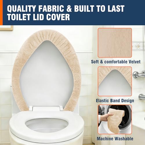 Soft Plush Toilet Lid Cover for Bathroom, Machine Washable Toilet Seat Covers, Fits Most Round Elongated and Oblong Lids, Easy Installation& Cleaning (Light Khaki)