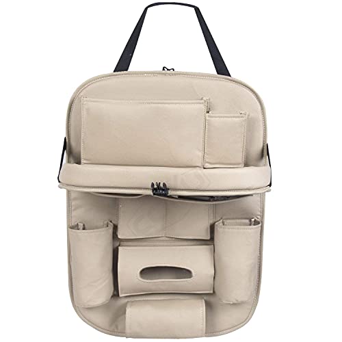 Image of Premium Car Backseat Organizer with Foldable Tray | Multi-Pocket Storage for Tablets, Phones, Bottles & Travel Essentials Seat Back Organizer (Beige)