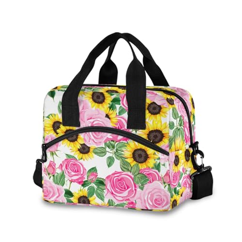 Insulated Lunch Bag Reusable Cooler Rose Sunflowers White Lunch Box Adjustable Shoulder Strap for Office Picnic School