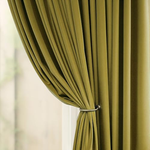 Image of Yellow Green Velvet Curtains 96 Inches Long for Living Room Darkening Super Soft Luxury Quirky Eclectic Bold Thermal Insulated Blackout Chartreuse Velvet Drapes for Bedroom Dining Christmas 2 Panels