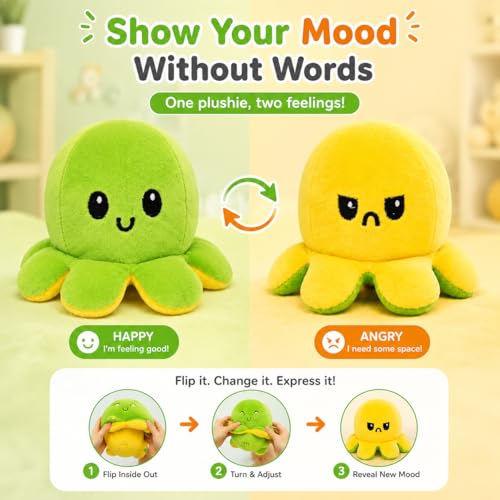 Image of Reversible Octopus Plush Toy 18 cm | Flip Mood Soft Toy | Double-Sided Happy & Angry Expression | Super Soft Stuffed Animal Plushie | Cute Kids Gift, Stress Relief Toy, Home Decor (Green - Yellow)