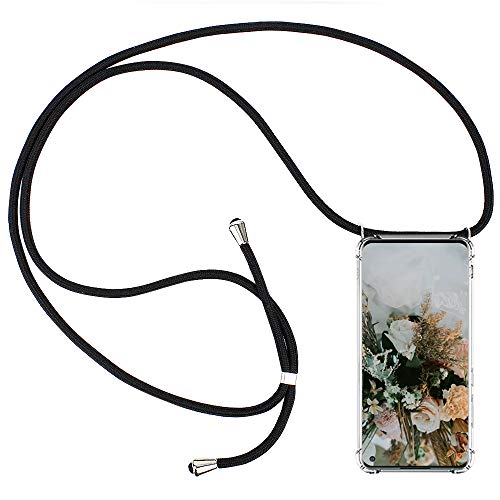 CLM-Tech Carcasa con Cuerda para Colgar Compatible con OnePlus 8 - Funda Silicona Transparente con Cordon para Llevar en el Cuello, Negro
