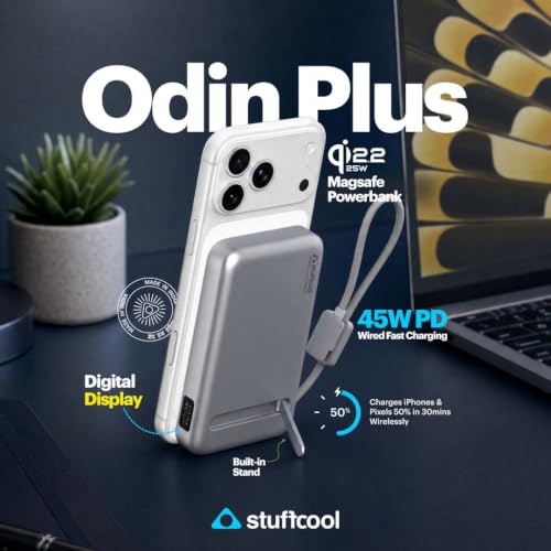 Image of Stuffcool Odin Plus 10000mAh Qi2.2 MagSafe Powerbank, 25W Wireless, 45W PD Wired, Built-in Type-C Cable, Stand & Digital Display, Charges iPhone 18 /18 Pro /Duo /Pixel 11 - 50% in 30 Mins Wirelessly