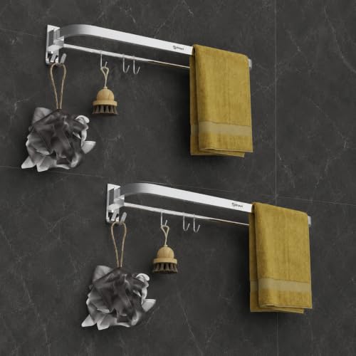 Image of GRIVAN Stainless Steel Towel Rod for Bathroom with Hooks | Foldable Towel Holder Stand with Drill Mount (2, Silver, 18 INCH)