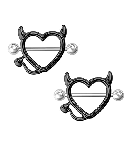 MIFYNN Devil Heart Nipple Rings, Surgical Steel Nipple Piercing Bar Shield Cover Barbell Sexy Piercings (Black)
