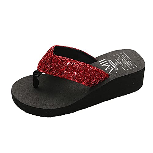 Fullwei Women Non-Slip Platform Flip Flop Supportive Pool Shower Slip On Glitter Clip-Toe Flip-Flops Wedges Beach Sandals Shoe (Red, 7.5)