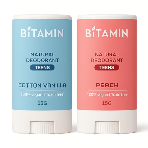 Image of Bitamin Natural Deodorant Underarm Roll On Cream For Kids & Teens | Kids Deodorant Roll On for Girls & Boys With 3% Vitamin C & E | No Aluminium, No Alcohol, No Parabens & No Triclosan | 8 Hour Odour Control, Ages 10-18 | Cotton Vanilla & Peach 15 g Each (Pack Of 2)