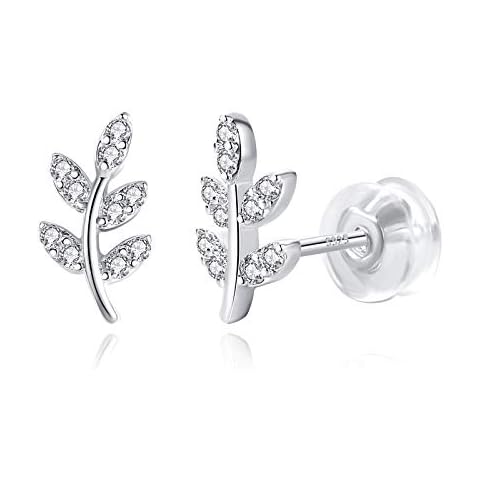White Gold Plated Sterling Silver Dainty Small Stud Earrings CZ Nature Leaf Earrings Minimalist Tiny Hypoallergenic Ear Studs Jewelry Gift for Women Cover