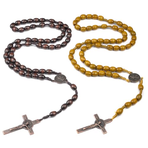 WeddHuis 2 piezas rosarios religiosos de madera con cruz de Jesús para hombres y mujeres regalo para comunión y bautizo