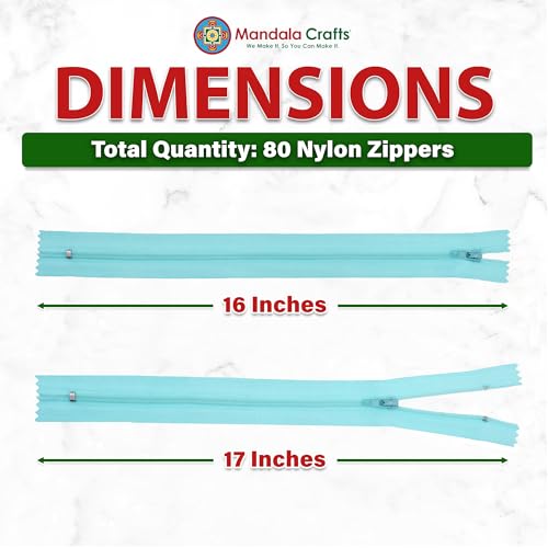 Image of Mandala Crafts 80 PCs Turquoise Closed-End 16 Inch Nylon Zippers for Sewing