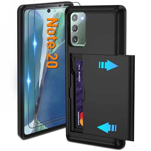 for Samsung Galaxy Note 20 Case with Card Holder and (2 Pcs) HD Screen Protector, Slim Heavy Duty Dual Layer Shockproof Design & Hidden Card Slot Wallet Case for Galaxy Note 20 Case-Black