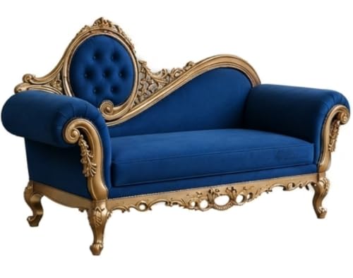 Image of Victorian Style Chaise Lounge, Tufted Cream Upholstery, Mahogany Wood Frame, Classic Living Room Furniture (Blue)