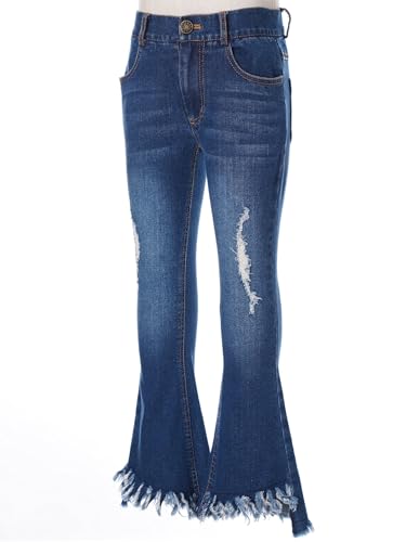 Kids Girls Casual Ripped Holes Bell Bottom Jeans Youth Washed Blue High Waist Flare Denim Pants4