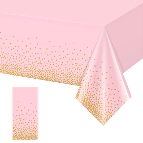 Image of 1 Pack Pink and Gold Plastic Tablecloth for Parties, Pink Disposable Table Cloth for Rectangle Tables, Gold Stamping Dot Confetti Light Pink Tablecloth for Birthday Wedding Baby Shower Party, 54x108 inch