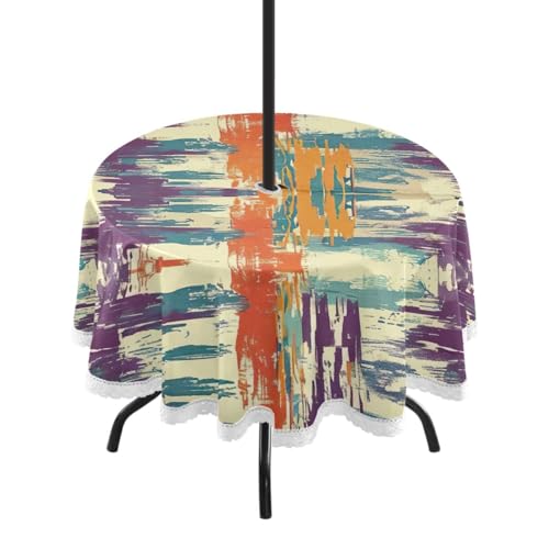 Wajiw 60 Inch Indoor Outdoor Round Tablecloth with Umbrella Hole and Zipper Waterproof Patio Table Cover for Camping Dining Room Party Outdoor Picnic,Striped Pattern