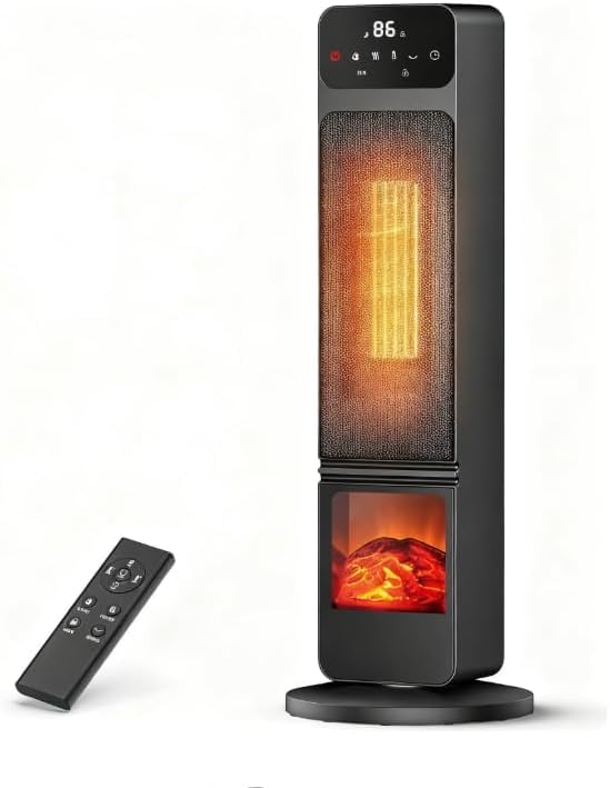 Tower Fan and Heater Combo, 1500W PTC Electric Fireplace Heater W/ 3D Flame, 70° Oscillation Space Heater Fan Combo for Indoor Use, Child Lock & Eco Mode, 12h Timer, Remote Control, Home & Office