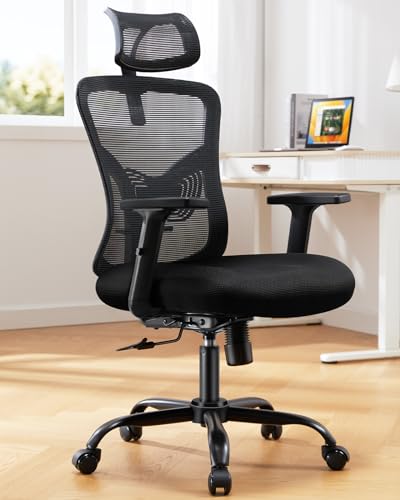 HUANUO Ergonomic Office Chair, High Back Desk Chair with S-Shaped Backrest, Adjustable Lumbar Support, Headrest, Armrest, Mesh Computer Chair with Thicker Seat Cushion and Tilt Function, Black HUANUO Ergonomic Office Chair, High Back Desk Chair with S-Shaped Backrest, Adjustable Lumbar Support, Headrest, Armrest, Mesh Computer Chair with Thicker Seat Cushion and Tilt Function, Black