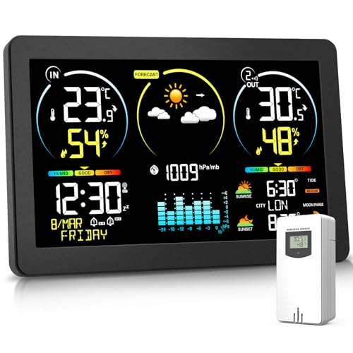 Estación Meteorológica con Sensor de Exterior, Termómetro Meteorológico Digital Inalámbrico con Pantalla a Color y Reloj DCF, Previsión Meteorológica con Luz de Fondo Ajustable y Calendario, Negro