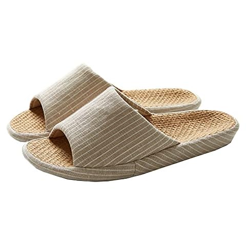 MOONSIYU Men's Summer Straw Weaving Stripe Canvas Open-toe Home Slippers Mens Casual Flax Soft Light EVA Sole Shoes (Camel, 4.5/5 UK 37/38, numeric_4_point_5) Cover