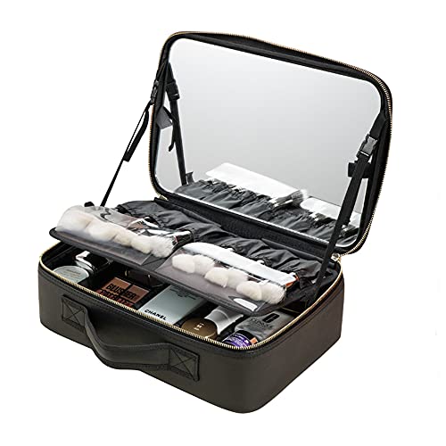 Rownyeon Makeup Case with Mirror Makeup Brush Bag 14.5inch Portable Train Cosmetic Case Organizer with Adjustable Dividers for Cosmetics Toiletry Jewelry Digital Accessories