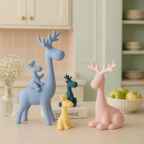 Image of Xtore Reindeer Family Modern Aesthetic Figurine for Home Decor | Satin Ceramic Build | Best Gift - (Pack of 4 Pieces, Multicolor)