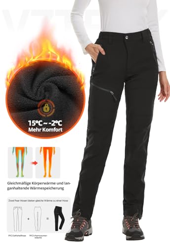 Vzteek Damen-Wanderhose-Thermohose-Skihose-Schneehose-Softshellhose-Wasserdicht Winter Warm Gefüttert Arbeitshosen Regenhose Trekkinghose Outdoor Hosen für Damen Cargohose (Klassisch Schwarz,XS)
