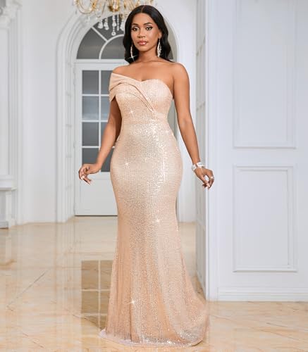Image of Cololura Women Sexy Sequin One Shoulder Mermaid Formal Party Cocktail Gowns Bodycon Evening Maxi Dress