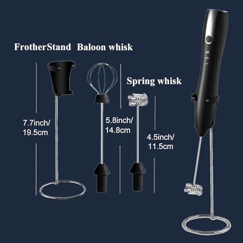 Image of Rechargeable Handheld Milk Frother Wand with Stand | 2 Whisk Heads, 3 Speeds Adjustable Coffee Drink Mixer with Stand for Lattes, Matcha, Hot Chocolate, Egg, Matcha, Black