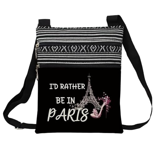 I'd Rather Be In Paris Black Messenger Bag Small Ethnic Pattern Printed Adjustable Strap Crossbody Zipper Bag Paris Travel Phone Bag Wallet Shoulder Handbag Present for Women