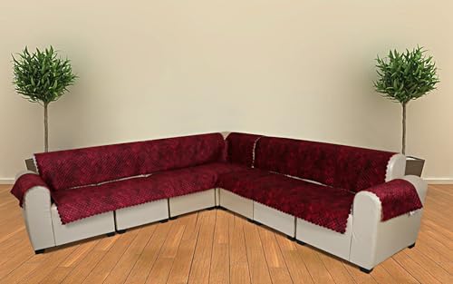Image of l Shape Sofa Cover 7 Seater | Velvet Quilted Anti-Slip Sofa Cover Protector Covers | Sofa Cover for Living Room | Sofa Slipcovers | 4+3 (L-Shape) Quilted Luxe (Crimson Red)