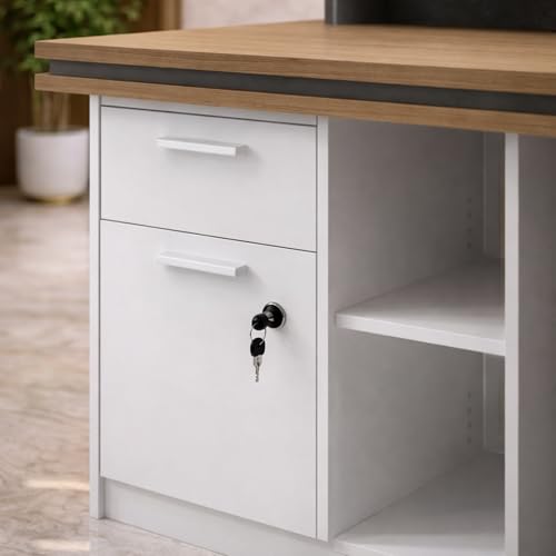Image of Modern Reception Desk for Office, Hotel, Salon, Clinic, Spa & Commercial Lobby | Luxury Stone Finish Front Reception Counter Table with Workspace Area - (RCT-003 LPB L6W2)