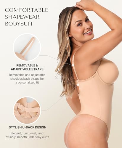 SHAPELLX Shapewear Tummy Control Bodysuit for Women Snatched Waist Body Suit Strapless Body Shaper Built-in Bra Beige M4