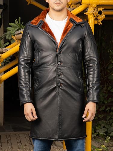 Image of Jild Shearling Leather Trench Coat Men Stand Collar Warm & Stylish Real Lambskin Long Leather Jacket Men Coats Winter