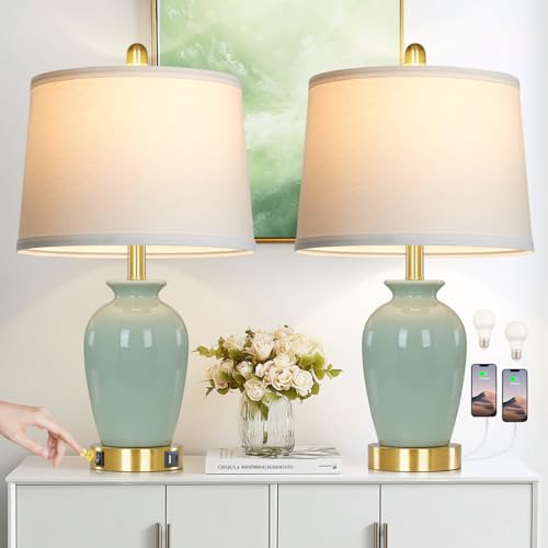 Cinkeda 23' Set of 2 Olive Green Ceramic Table Lamp with Pot Design, Bedside USB...