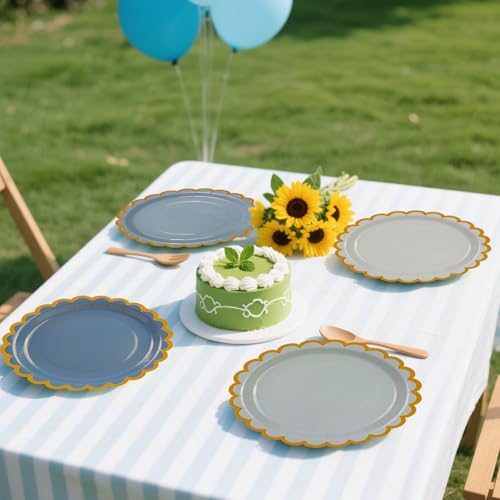 DHAIQC 48PCS Blau Pappteller 18cm, Farbverlauf Blau Partyteller mit Gewellter Goldrand Einwegteller Dessertteller Kuchenteller für Geburtstag Hochzeiten Jubiläums