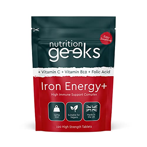 Iron Tablets High Strength - Energy Tablets with Vitamin C, B12 & Folic Acid - 120 Vegan Iron Supplements for Women and Men - 14mg Iron Vitamin for Enhanced Energy Support & Increased Absorption | UK