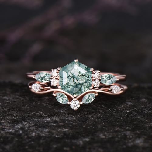 10K 14K 18K Rose Gold 2CT Natural Moss Agate Engagement Ring Set for Women 925 Sterling Silver Genuine Hexagon Green Moss Agate Leaf Art Deco Bridal Wedding Ring Set (Size 4-15)-22