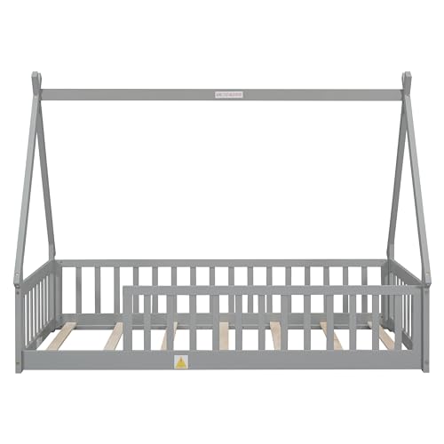 Yestar Twin Tent Shaped Floor Teepee Bed with Guardrails Slats – Sturdy, Safe, and Stylish Grey Kids Bed for Bedroom, Playroom, Nursery