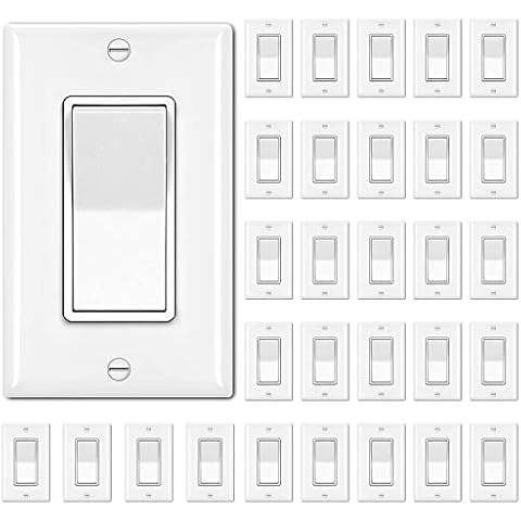 BESTTEN 30 Pack Single Pole Decorator Light Switch, Rocker Paddle Wall Switch, On/Off Interrupter, w/Wall Plate, 15A 120/277V, UL Listed, White Cover
