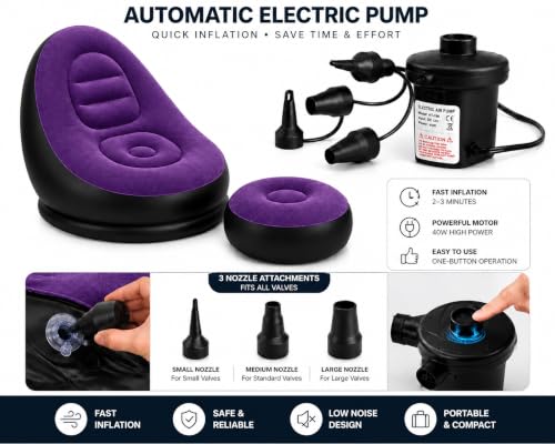Image of Inflatable Air Sofa Chair with Ottoman & Automatic Electric Pump, Portable Flocked Blow Up Lounge Chair for Living Room, Bedroom, Camping & Outdoor Use (Purple)