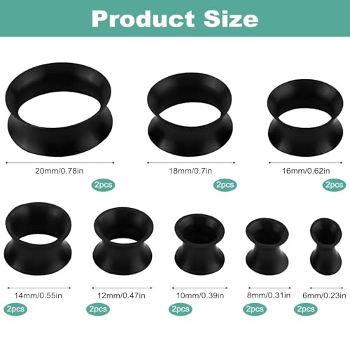 YSHODGU 16 Stück Weich Silikon Ohr Tunnel, Body Piercing Expander, Ohrdehner Plug Piercing Expander Set, 8 Spezifikationsgrößen, Sicher und Flexibel Tunnel Ohr für Frauen & Männer (Schwarz)