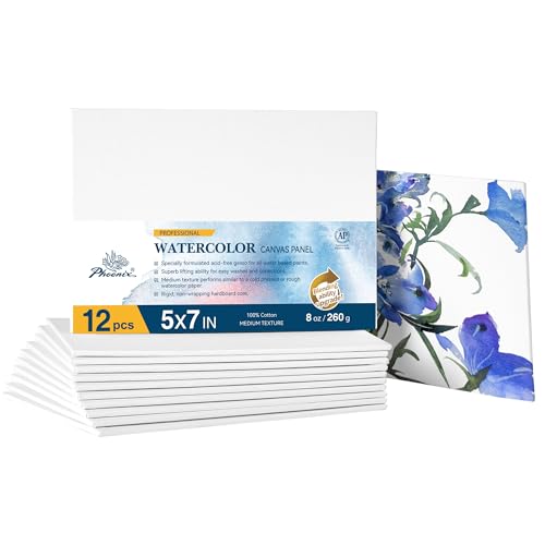 PHOENIX Watercolor Canvas Boards for Painting - 5x7 Inch/6 Pack 100% Cotton Water Color Small Canvas Panels 8 Oz. / 260g White Blank Medium Texture Flat Canvases for Water Based Paints