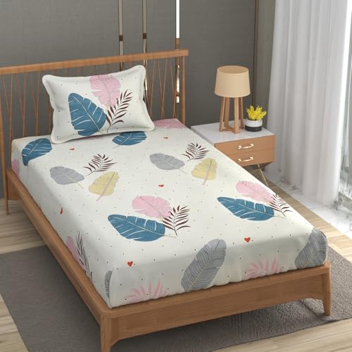 Image of Premium Heavy Cotton Elastic Fitted Bedsheets with 1 King Size Pillow Covers | Single Bed with All Around Elastic 350 TC | 36 x 78 x 6 Inch Single Size Fitted | - Colorfull Wings