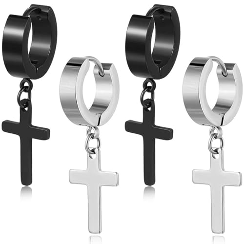 AFCJLTO 2 Pares Aros Pendientes Hombre Acero Inoxidable Pendientes Aro Punk Colgantes Cruz Pendiente Aros Hombres Aretes Negro para Hombres Mujeres