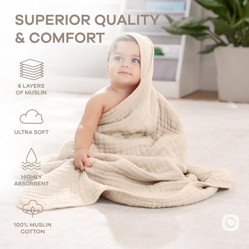 Image of Comfy Cubs Hooded Baby Towel 2-Pack, Large 32 x 32 Inch - 6 Layer 100% Muslin Cotton for Babies, Toddlers and Kids - Soft & Absorbent Baby Bath Towels - Unisex Design for Bath Time - Sand