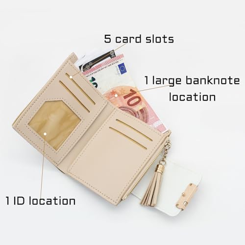 Cute Wallet for Women PU Leather Short Women Wallet with Tassel Pendant and Wheat Ear Pattern, Bifold Wallet with 5 Credit Card Slots, ID Window and Zippered Coin Pocket (Beige)4
