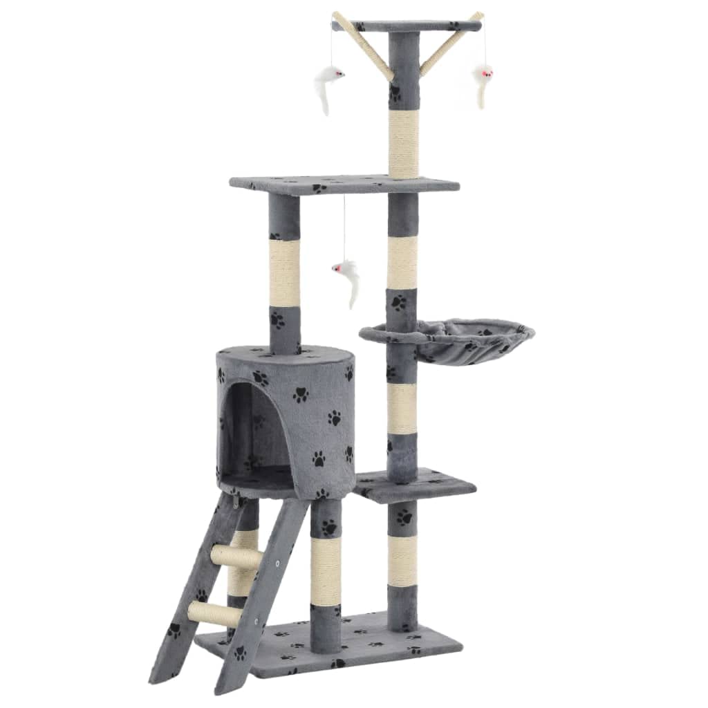 Rascador para gatos de 138 cm, color gris con diseño de patas, estable con cueva, escalera, plataformas de observación y troncos de sisal