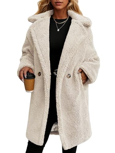 Mina Self Teddy Coat Jacket For Women 2025 Fall Winter Warm White Beige Apricot Women's Fur & Faux Fur Jackets & Coats Long Fleece Fuzzy Oversized Sherpa Trendy Boyfriend Womens Outwear YY003 BS M