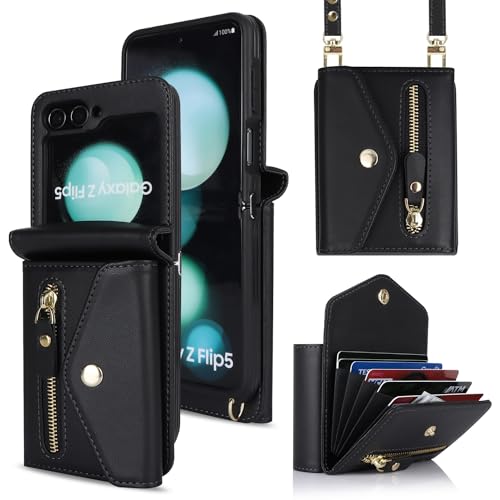 Cavor for Samsung Galaxy Z Flip 5 Case Wallet with Wrist Crossbody Strap Lanyard Card Holder Stand Shoulder Slot,Z Flip 5 Phone Case Cute,Anti-Drop,Leather Zipper Pocket Shockproof Case-Black by Cavor - Used condition - US$7.69